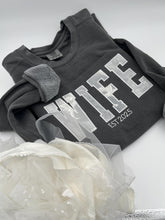 Load image into Gallery viewer, Custom Memory Keepsake BRIDE, Custom name, or WIFE Shirt Wedding Dress Appliqué Personalized Sweatshirt Anniversary Gift Clothing
