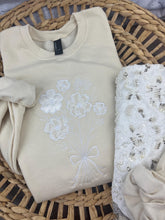 Load image into Gallery viewer, Custom Memory Keepsake BRIDE, Custom Flower Bouquet Wedding Dress Appliqué Personalized Sweatshirt Anniversary Gift Clothing
