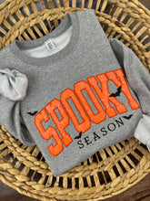 Load image into Gallery viewer, Spooky Season Halloween Sweatshirt – Orange Sequin Appliqué "SPOOKY" with Bats &amp; Embroidered Detail | Jerzees or Comfort Colors Crewneck
