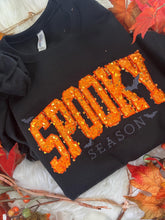 Load image into Gallery viewer, Spooky Season Halloween Sweatshirt – Orange Sequin Appliqué "SPOOKY" with Bats &amp; Embroidered Detail | Jerzees or Comfort Colors Crewneck
