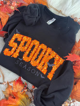 Load image into Gallery viewer, Spooky Season Halloween Sweatshirt – Orange Sequin Appliqué "SPOOKY" with Bats &amp; Embroidered Detail | Jerzees or Comfort Colors Crewneck
