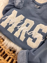 Load image into Gallery viewer, Bridal MRS keepsake sweatshirt with layered wedding dress lace and script embroidery
