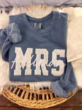 Load image into Gallery viewer, Personalized MRS applique sweatshirt made from wedding dress fabric - close up

