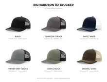 Load image into Gallery viewer, Richardson 112 trucker cap colour chart - Black, Charcoal/Black, Navy/White, Heather Grey/Black, Loden/Black, Brown/Khaki
