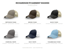 Load image into Gallery viewer, Richardson 111 garment washed cap colour chart - Driftwood/Khaki, Brown/Khaki, Black/Khaki, Charcoal/White, Navy/White, Columbia Blue/Khaki

