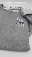 Load and play video in Gallery viewer, Custom Nurse Embroidered Sweatshirt – Left Chest Logo with Personalized Name and Credentials – Choose Shirt &amp; Thread Colors - Nursing School
