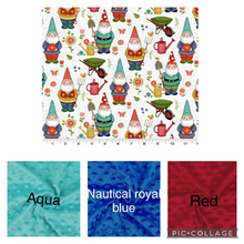 Load image into Gallery viewer, Garden Gnomes with Flowers  Cotton Weighted Blanket or Lap Pad Cotton Fabric - Toddler, Child, Teen, Adult -Dot Minky - Anxiety, Sleep.
