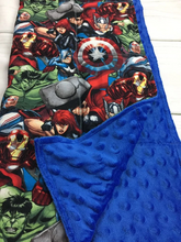 Load image into Gallery viewer, Marvel Comic Avengers Captain America, Iron Man Weighted Blanket or Lap Pad Cotton Fabric - Toddler, Child, Teen, Adult -Dot Minky - Anxiety, Sleep.
