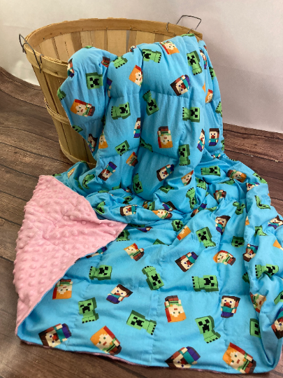 Minecraft Weighted Blanket or Lap Pad Cotton Fabric - Toddler, Child, Teen, Adult -Dot Minky - Anxiety, Sleep.