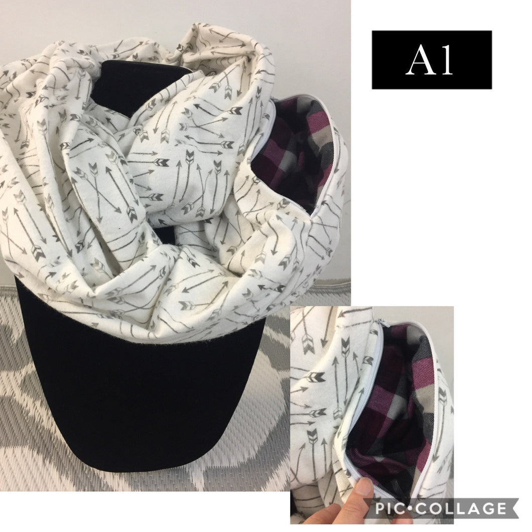 Infinity Scarf with Hidden Zipper Pocket. Arrow flannel.