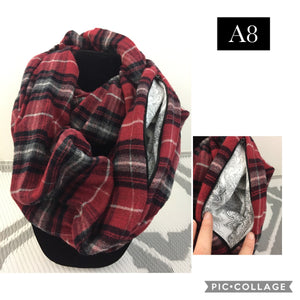 Infinity Scarf with Hidden Zipper Pocket. Red, Black and Gray Plaid flannel.