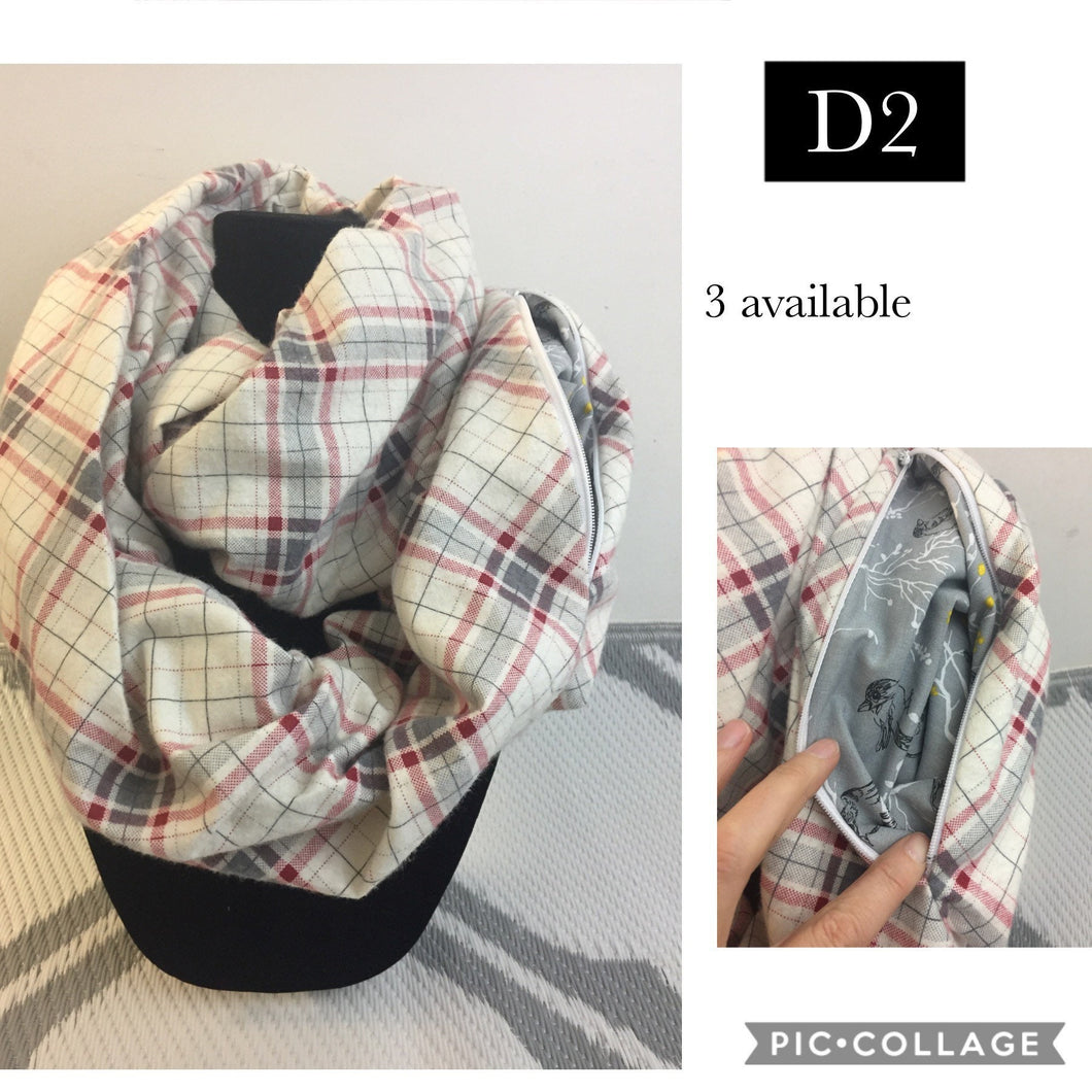 Infinity Scarf with Hidden Zipper Pocket. Cream and Red Plaid flannel.