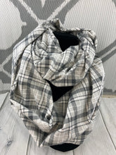 Load image into Gallery viewer, Infinity Scarf with Hidden Zipper Pocket. Gray and White  Plaid flannel.
