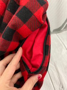 Infinity Scarf with Hidden Zipper Pocket. Red Buffalo Plaid flannel.