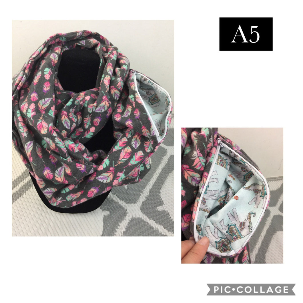 Infinity Scarf with Hidden Zipper Pocket. Pink Feather flannel.