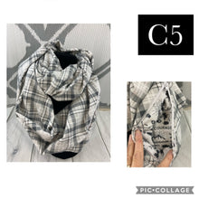 Load image into Gallery viewer, Infinity Scarf with Hidden Zipper Pocket. Gray and White  Plaid flannel.
