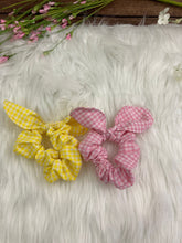 Load image into Gallery viewer, Handmade Gingham Pink, Purple, Blue, Yellow Hair Scrunchies with Bows -Cotton Accessories Fashion -Set Pack or Individual Scrunchie Hair Tie
