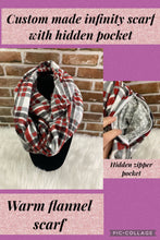 Load image into Gallery viewer, Infinity Scarf with Hidden Zipper Pocket. Red, Gray and Black Plaid flannel.
