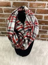 Load image into Gallery viewer, Infinity Scarf with Hidden Zipper Pocket. Red, Gray and Black Plaid flannel.
