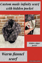 Load image into Gallery viewer, Infinity Scarf with Hidden Zipper Pocket. Dark Gray, Black, and Red Plaid flannel.
