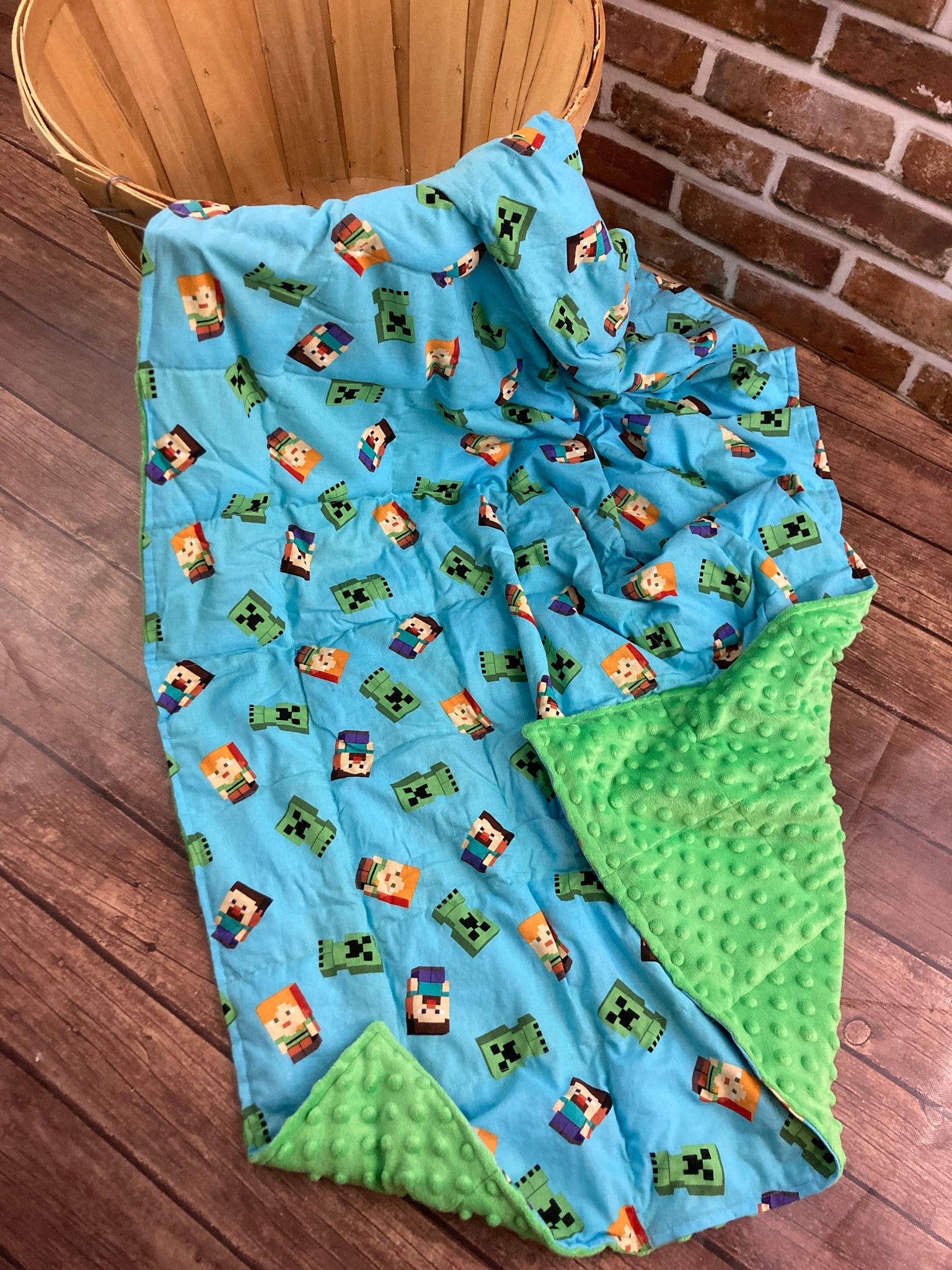 READY TO SHIP -Weighted Blanket- 5lbs Minecraft Green Minky