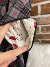 Load image into Gallery viewer, Infinity Scarf with Hidden Zipper Pocket. Dark Gray, Black, and Red Plaid flannel.
