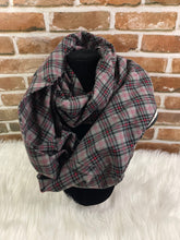 Load image into Gallery viewer, Infinity Scarf with Hidden Zipper Pocket. Dark Gray, Black, and Red Plaid flannel.
