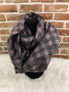 Infinity Scarf with Hidden Zipper Pocket. Dark Gray, Black, and Red Plaid flannel.