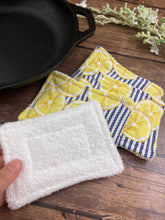 Load image into Gallery viewer, Blue Stripes and Lemons Reusable Kitchen Sponges - Perfect for cleaning dishes, counters and Cast Iron Pots. Mesh side for extra cleaning power.
