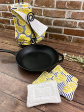 Load image into Gallery viewer, Blue Stripes and Lemons Reusable Kitchen Sponges - Perfect for cleaning dishes, counters and Cast Iron Pots. Mesh side for extra cleaning power.
