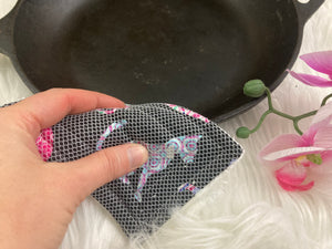 Patterned Pink Cat Reusable Kitchen Sponges- Perfect for cleaning dishes, counters and Cast Iron Pots. Mesh side for extra cleaning power.