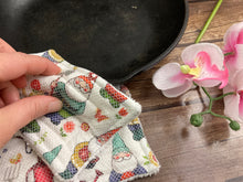 Load image into Gallery viewer, Fun Garden Gnomes Reusable Kitchen Sponges- Perfect for cleaning dishes, counters and Cast Iron Pots. Mesh side for extra cleaning power.
