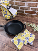 Load image into Gallery viewer, Blue Stripes and Lemons Reusable Kitchen Sponges - Perfect for cleaning dishes, counters and Cast Iron Pots. Mesh side for extra cleaning power.
