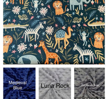 Load image into Gallery viewer, Safari Wild Animals - Giraffe, lion, Zebra, Monkey Weighted Blanket or Lap Pad Cotton Fabric - Toddler, Child, Teen, Adult -Dot Minky - Anxiety, Sleep.
