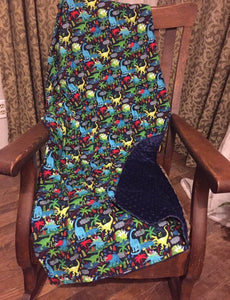 Blue Dino Dinosaur  -Weighted Blanket or Lap Pad Cotton Fabric - Toddler, Child, Teen, Adult -Dot Minky - Anxiety, Sleep.