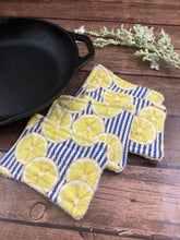 Load image into Gallery viewer, Blue Stripes and Lemons Reusable Kitchen Sponges - Perfect for cleaning dishes, counters and Cast Iron Pots. Mesh side for extra cleaning power.
