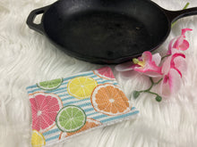 Load image into Gallery viewer, Oranges and lemons and Blue Stripes Reusable Kitchen Sponges- Perfect for cleaning dishes, counters and Cast Iron Pots. Mesh side for extra cleaning power.
