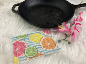 Oranges and lemons and Blue Stripes Reusable Kitchen Sponges- Perfect for cleaning dishes, counters and Cast Iron Pots. Mesh side for extra cleaning power.